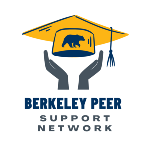 Two dark hands reaching for a bright yellow graduation cap displaying a bear. Underneath reads "Berkeley Peer Support Network."