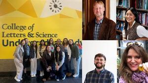 Group photo of 10 team members posing together in front of the L&S Office of Undergraduate Advising sign in Dwinelle Hall, with four additional photos of team members in a grid included next to the group photo.